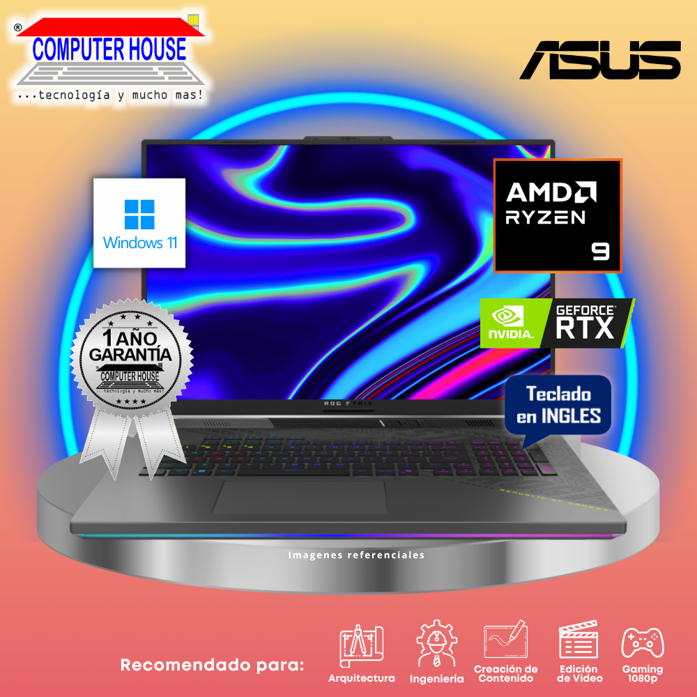 ASUS RogStrix Scar 17 Laptop, Ryzen 9-8940HS, 16GB DDR5 RAM, 1TB SSD, RTX5070 12GB Video, 16" FHD 165Hz, English Keyboard, Windows 11.