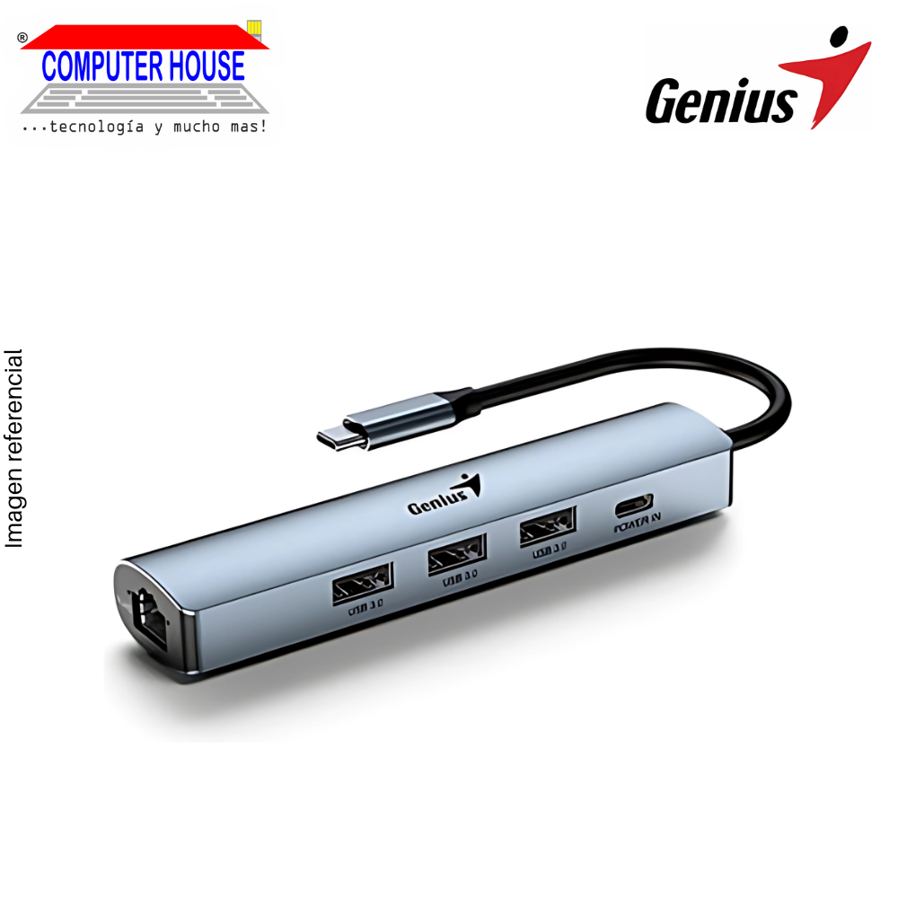 USB-C Hub Extension 4 in 1 GENIUS UH-545, 1xRJ45 + 3xUSB-A 3.0 + 1xUSB-C, Black.