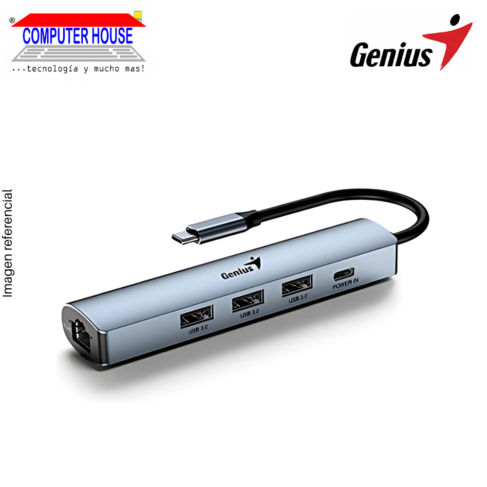 Hub USB-C Extensión 4 en 1 GENIUS UH-545, 1xRJ45 + 3xUSB-A 3.0 + 1xUSB-C, Negro.