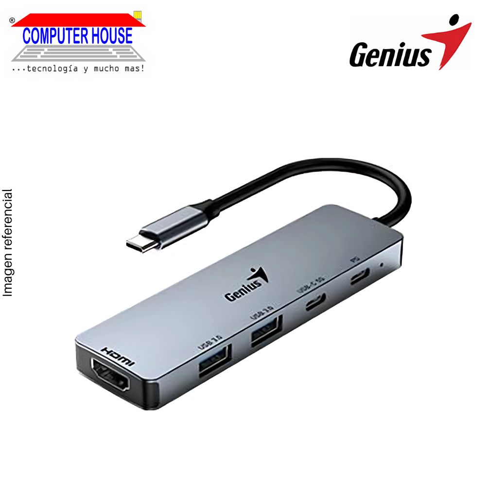 Hub USB-C Extensión 4 en 1 GENIUS UH-500, 2xUSB-A 3.0 + 1xUSB-C + 1xHDMI, Negro.