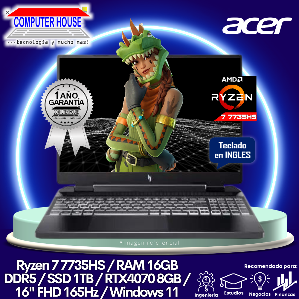 Laptop ACER Nitro 17, Ryzen 7-7735HS, RAM 16GB DDR5, SSD 1TB, 16″ FHD 165Hz, Video RTX4070 8GB, Teclado en Inglés, Windows 11.