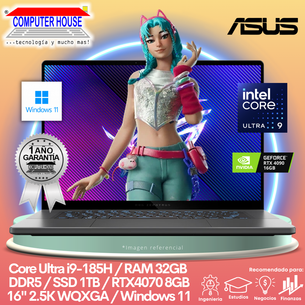 Laptop ASUS Rog Zephyrus G16, Core Ultra i9-185H, RAM 32GB DDR5, SSD 1TB, Video RTX4070 8GB, 16