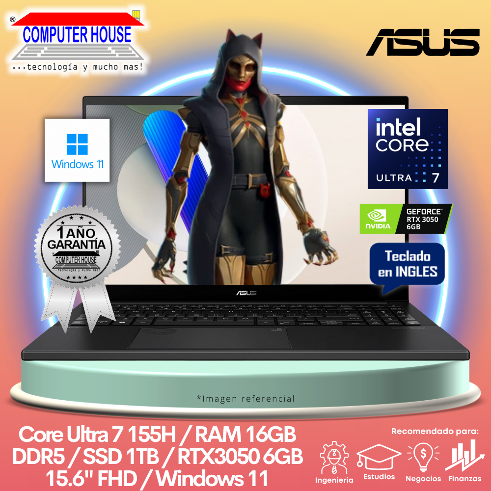 Laptop ASUS VivoBook Pro 15, Core Ultra 7-155H, RAM 16GB DDR5, SSD 1TB, Video RTX3050 6GB, 15.6