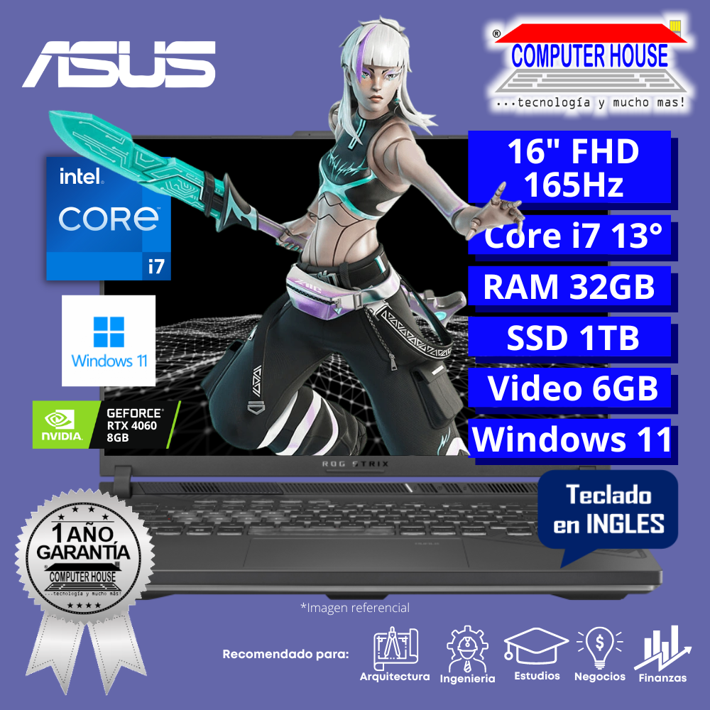 Laptop ASUS StrixScar G614JV, Core i7-13650HX, RAM 32GB DDR5, SSD 1TB, Video RTX4060 8GB, 16