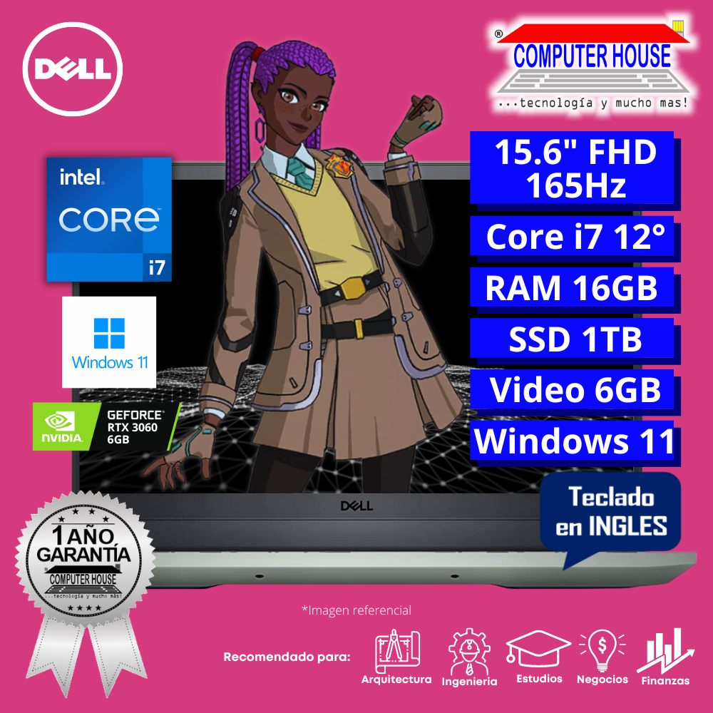 Laptop DELL G5520, Core i7-12700H, RAM 16GB, SSD 512GB, Video RTX 3060 6GB, 15.6″ FHD 120 Hz, Teclado en Inglés, Windows 11.