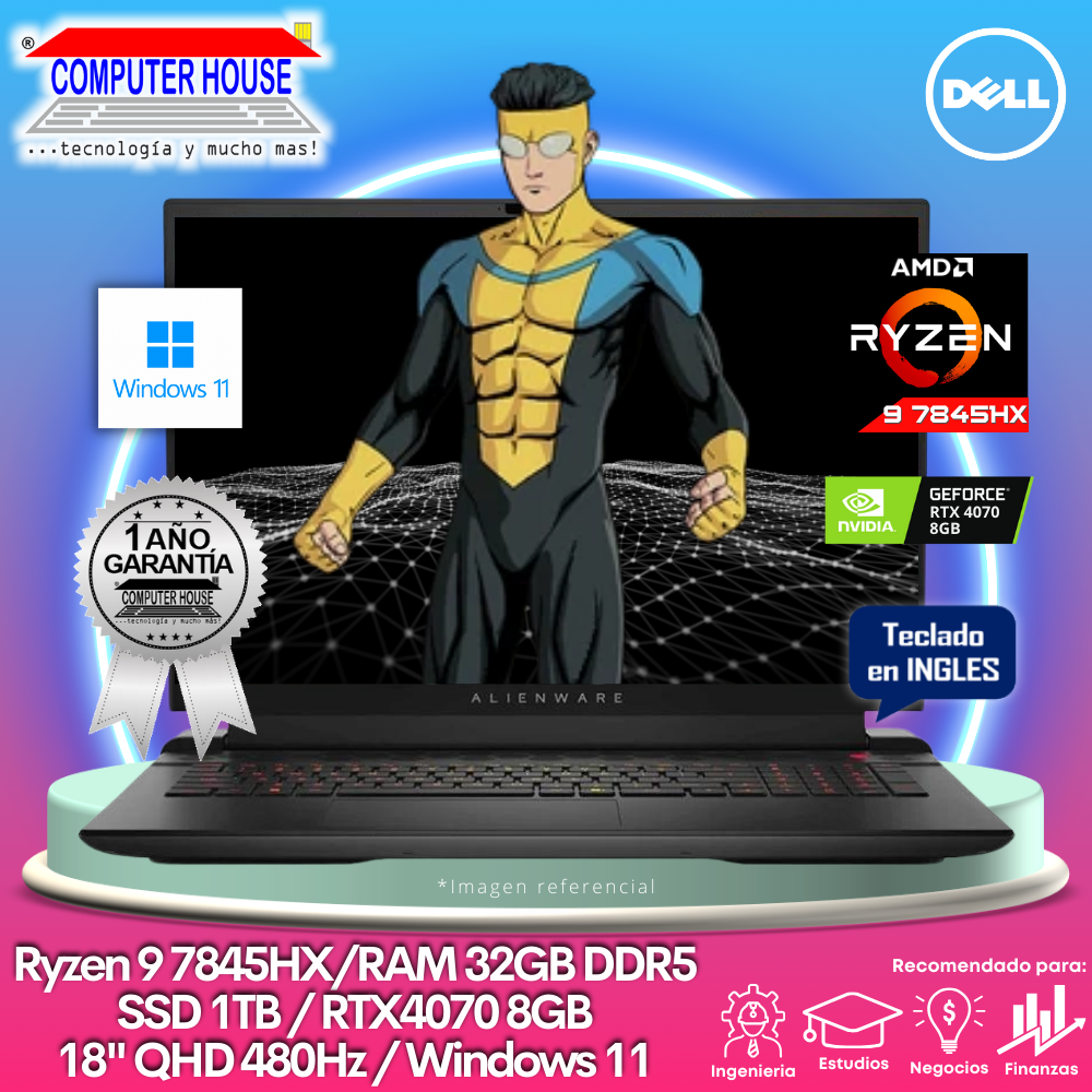 Laptop DELL Alienware, Ryzen 9-7845HX, RAM 32GB DDR5, SSD 1TB, Video RTX4070 8GB, 18