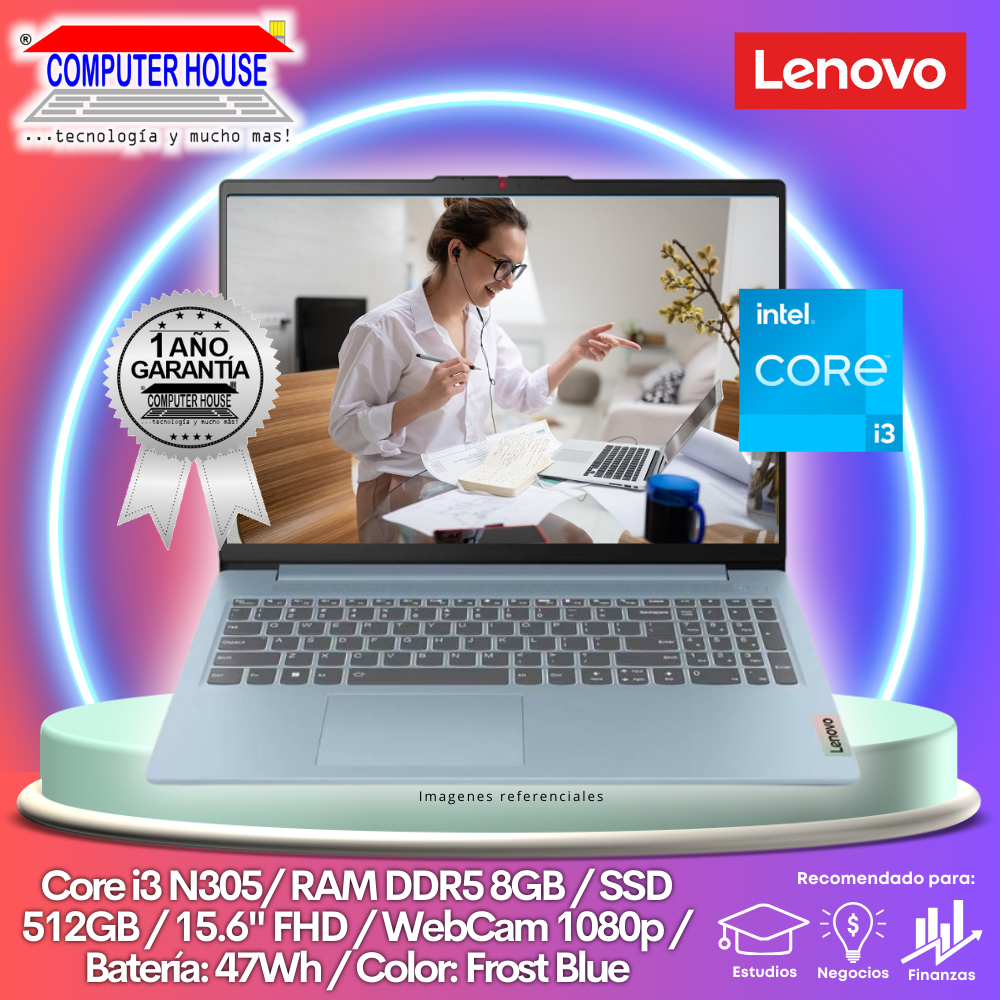 Laptop LENOVO IdeaPad Slim 3, Core i3-N305, RAM 8GB DDR5, SSD 512GB, 15.6" FHD, Free DOS.