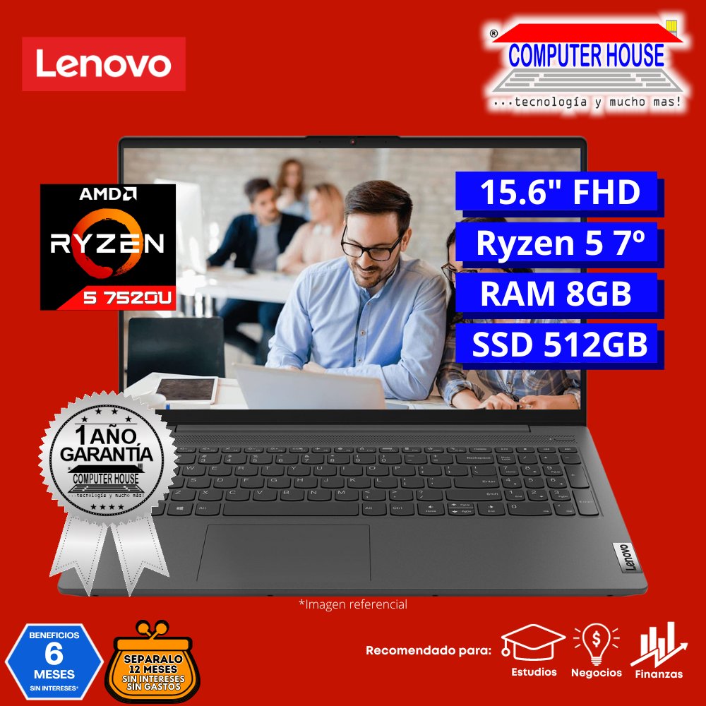 Laptop LENOVO IdeaPad 1, Ryzen 5-7520U, RAM 8GB DDR5, SSD 512GB, 15.6″ FHD, FreeDos.