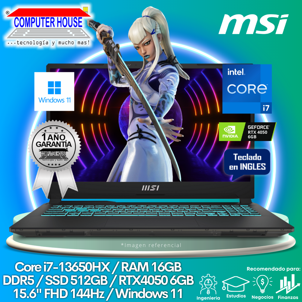 Laptop MSI Cyborg A13VE, Core i7-13650HX, RAM 16GB DDR5, SSD 512GB, Video RTX4050 6GB, 15.6