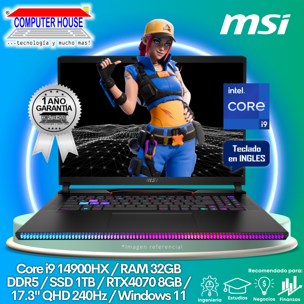 Laptop MSI Raider GE78HX, Core i9-14900HX, RAM 32GB, SSD 1TB, Video RTX4070 8GB, 17″ FHD 240Hz, Teclado en Inglés, Windows 11.