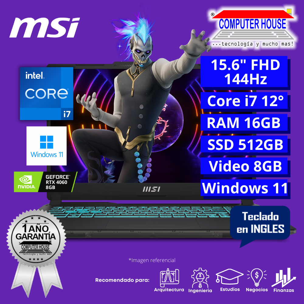 Laptop MSI Cyborg A12VF, Core i7-12650H, RAM 16GB DDR5, SSD 512GB, Video RTX4060 8GB, 15.6