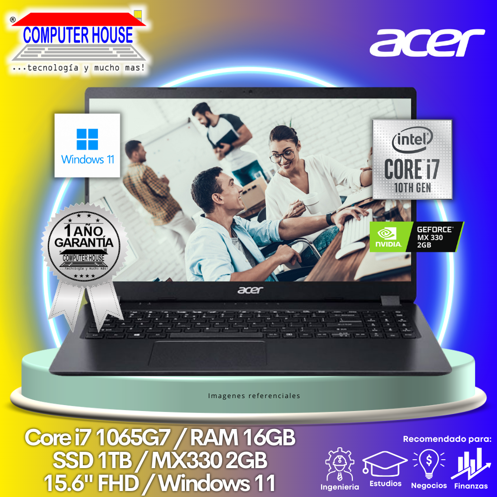 Laptop ACER Aspire 3 A315, Core i7-1065G7, RAM 16GB, SSD 1TB, Video MX330 2GB, 15.6″, Windows 11. (LIQUIDACION con yaya en marco en pantalla)