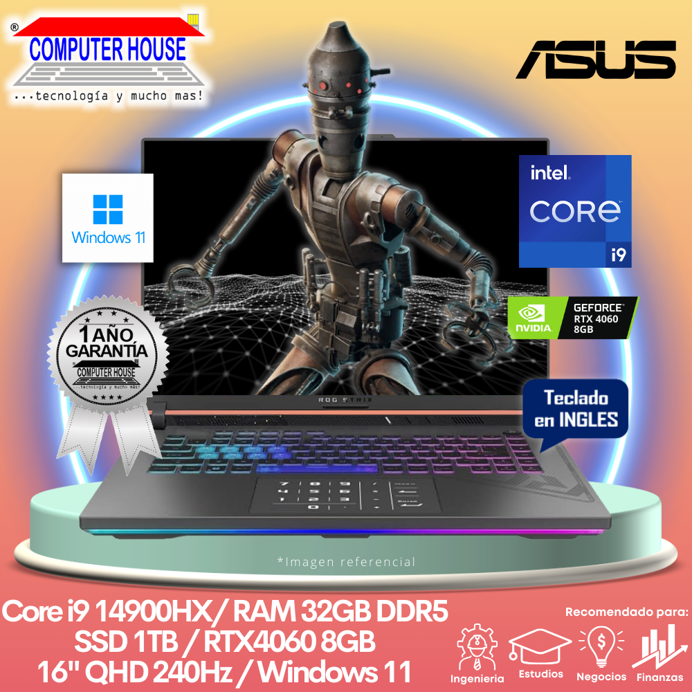 Laptop ASUS StrixScar, Core i9-14900HX, RAM 32GB DDR5, SSD 1TB, Video RTX4060 8GB, 16″ QHD 240Hz, Teclado en Inglés, Windows 11.