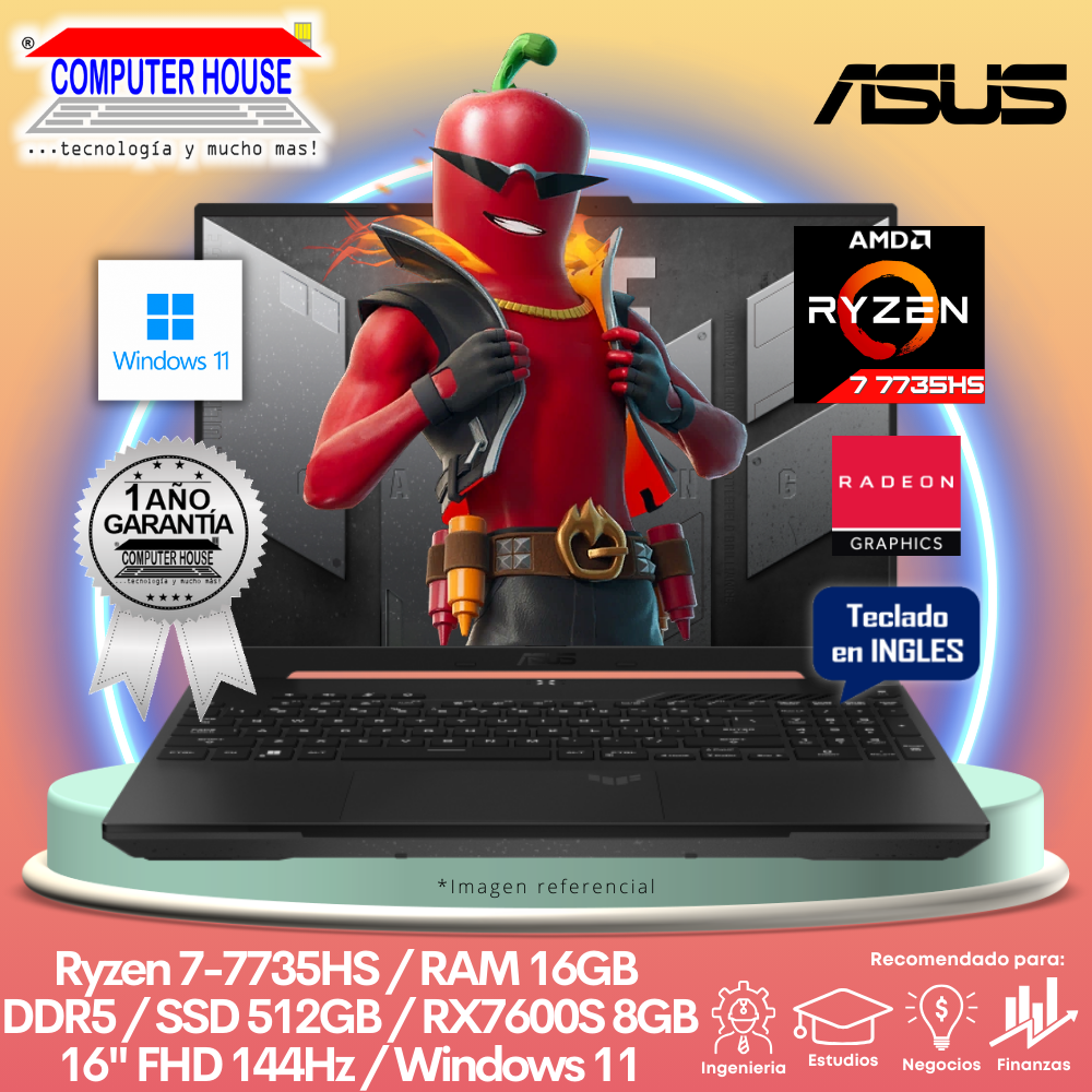 ASUS Tuf Dash FA617NT Laptop, Ryzen 7-7735HS, RAM 16GB DDR5, SSD 512GB, Video RX7600S 8GB, 16" FHD 165Hz, English Keyboard, Windows 11.