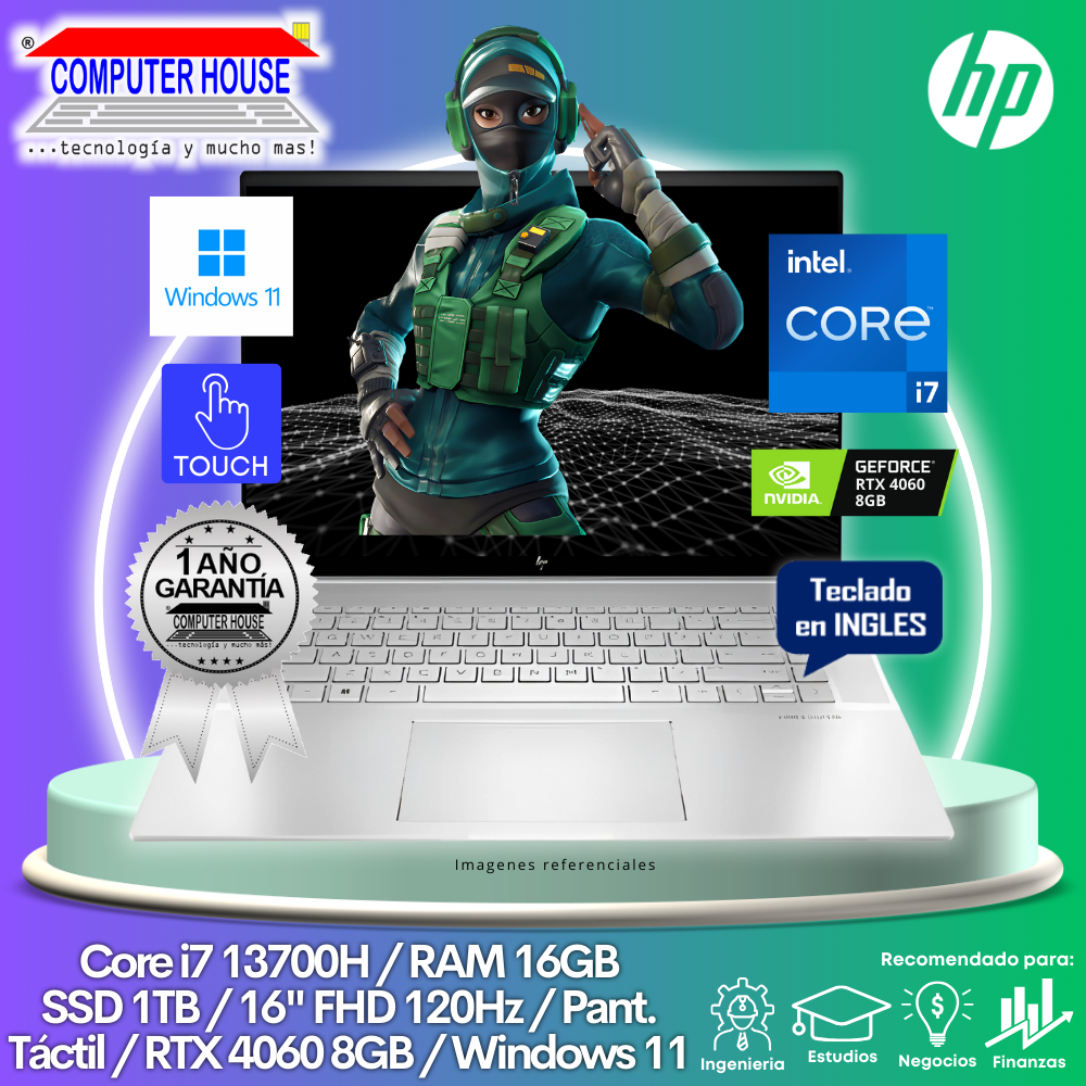 Laptop HP Envy, Core I7-13700H, RAM 16GB, SSD 1TB, Video RTX4060 8GB, 16″ FHD 120HZ, Pantalla Táctil, Teclado en Inglés, Windows 11.