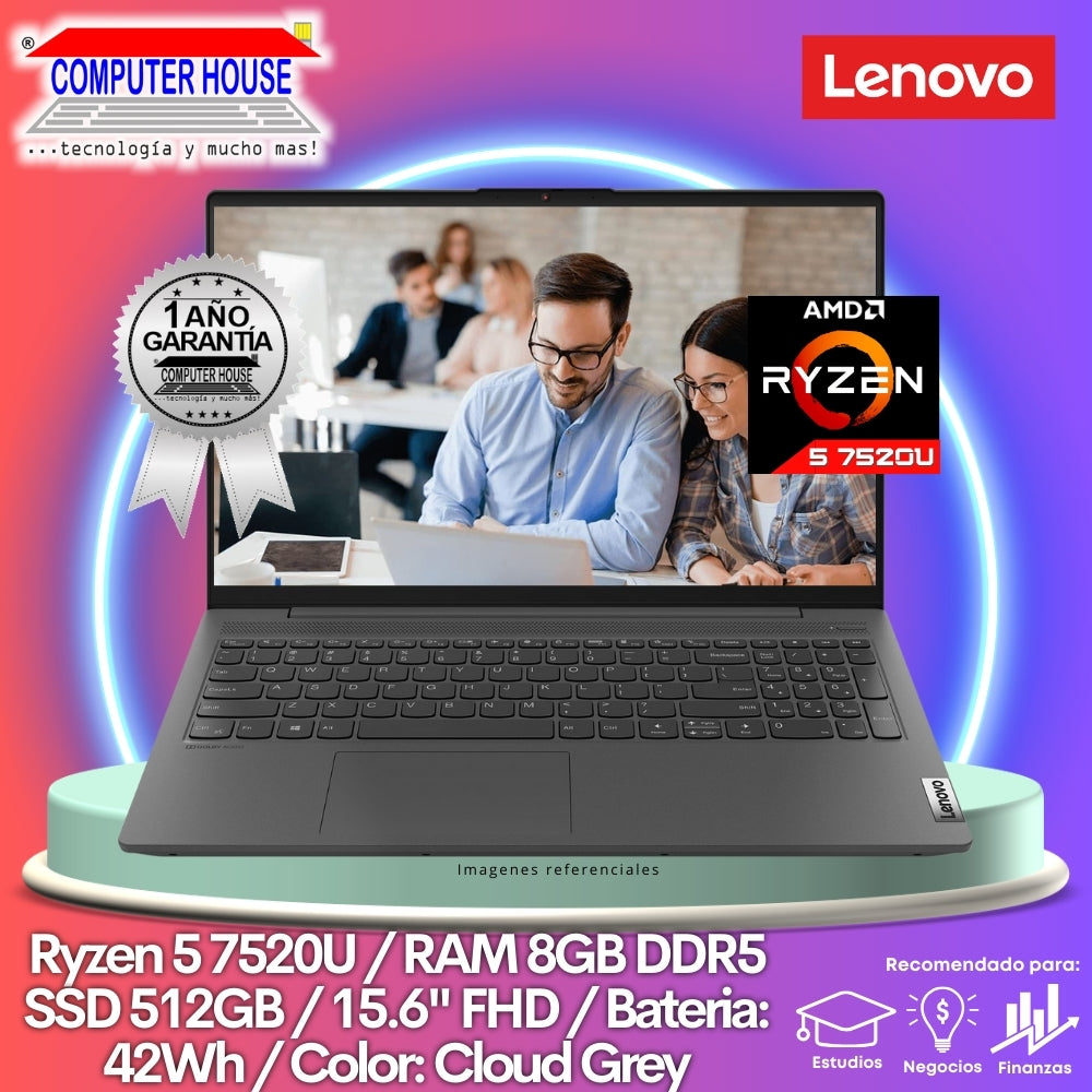 Laptop LENOVO IdeaPad 1, Ryzen 5-7520U, RAM 8GB DDR5, SSD 512GB, 15.6″ FHD, FreeDos.