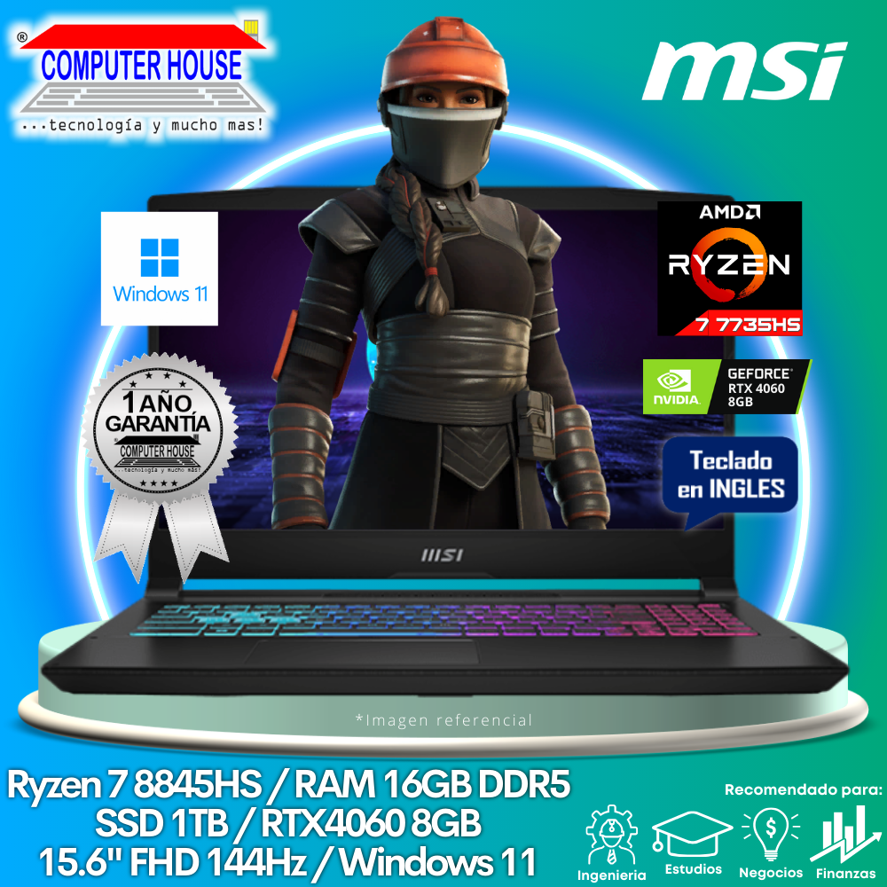 Laptop MSI Katana, Ryzen 7-8845HS, RAM 16GB DDR5, SSD 1TB, Video RTX4060 8GB, 15.6