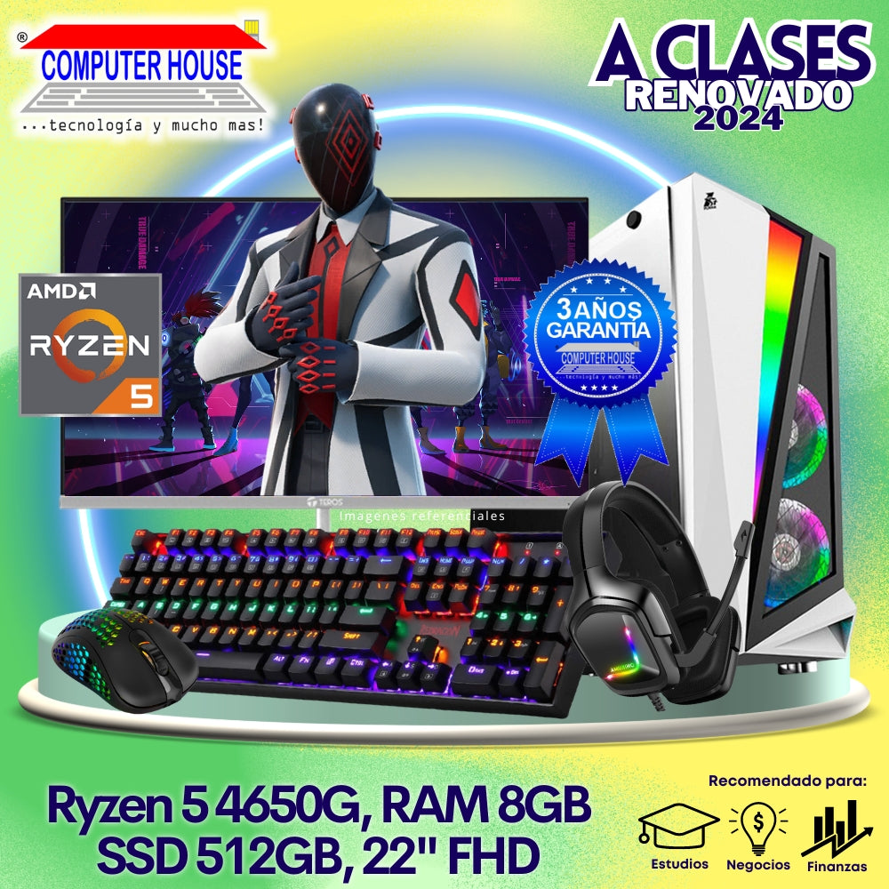 OFERTA LOOK GAMER: Ryzen 5-4650G PRO, RAM 8GB, SSD 512GB, Monitor 22″ FHD, Teclado + Mouse + Audífonos.
