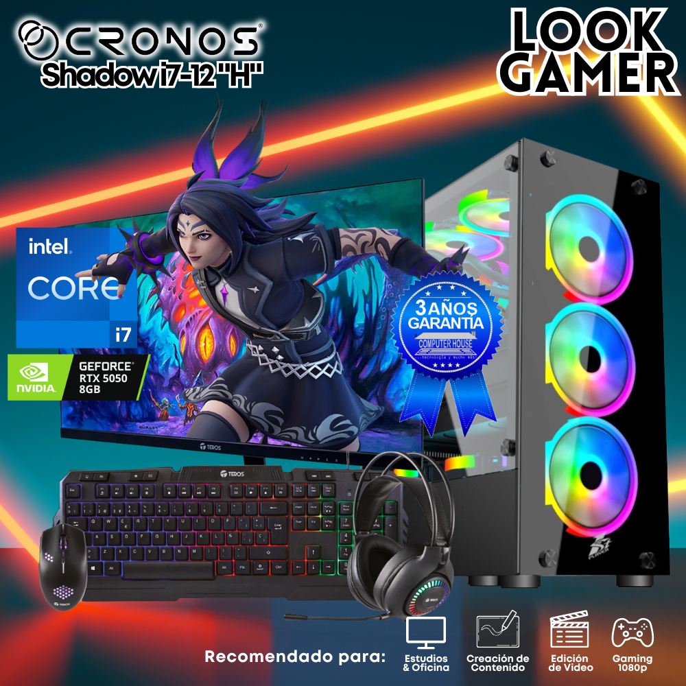 PC Look Gamer CRONOS Shadow i7-12 "H", RAM 16GB, SSD 1TB, Monitor 27″ FHD, Nvidia GeForce RTX5050 8GB.