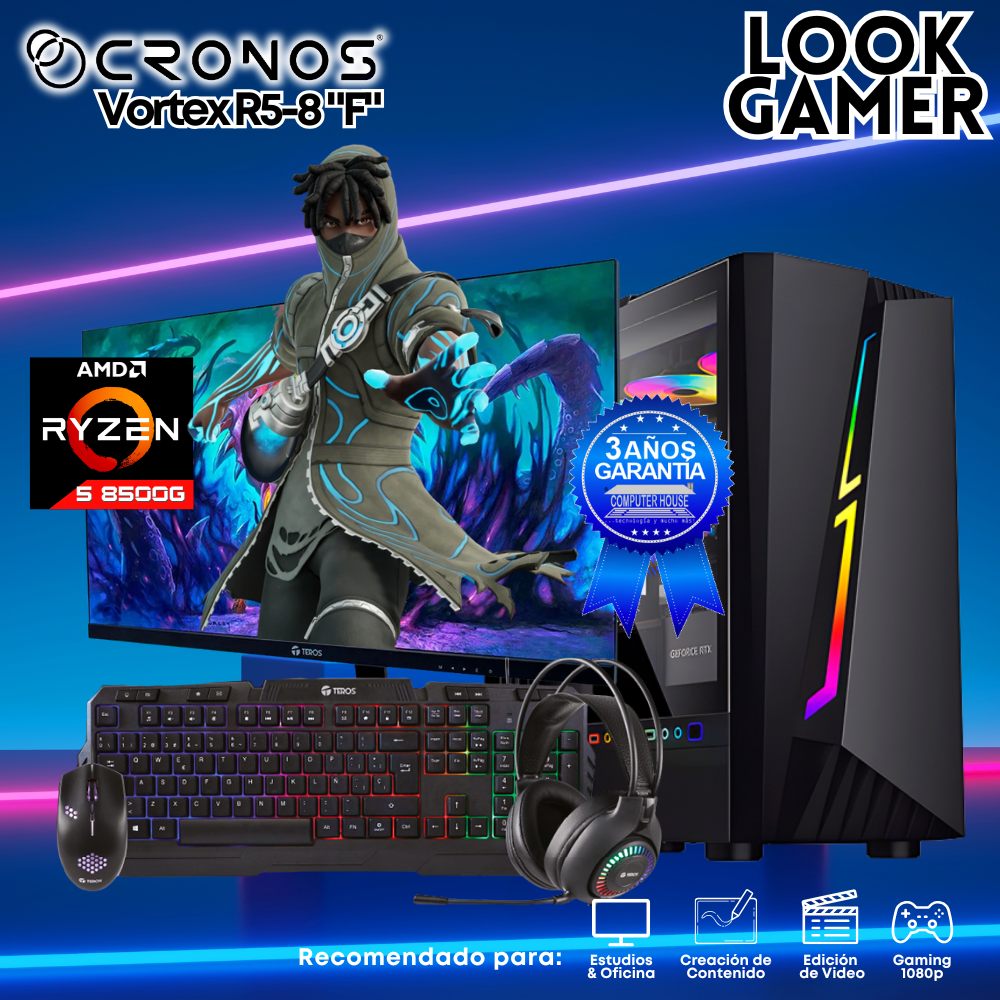 PC Look Gamer CRONOS Vortex R5-8 "F", RAM 16GB, SSD 1TB, Monitor 24″ FHD.