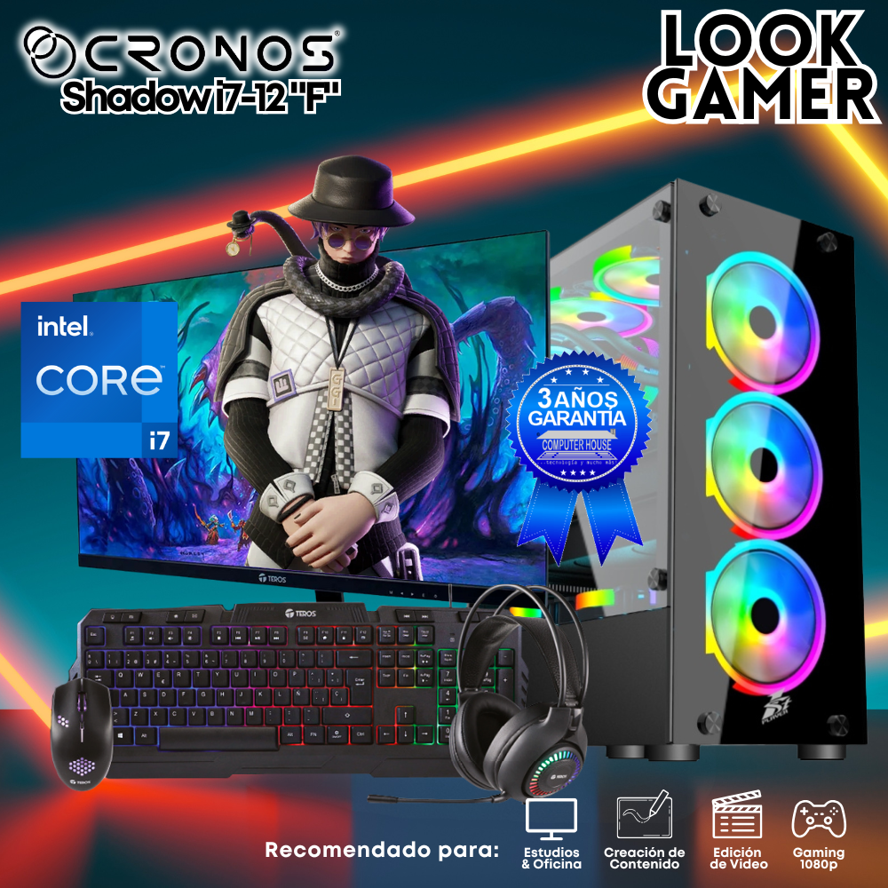 PC Look Gamer CRONOS Shadow i7-12 "F", RAM 16GB, SSD 1TB, Monitor 24″ FHD.