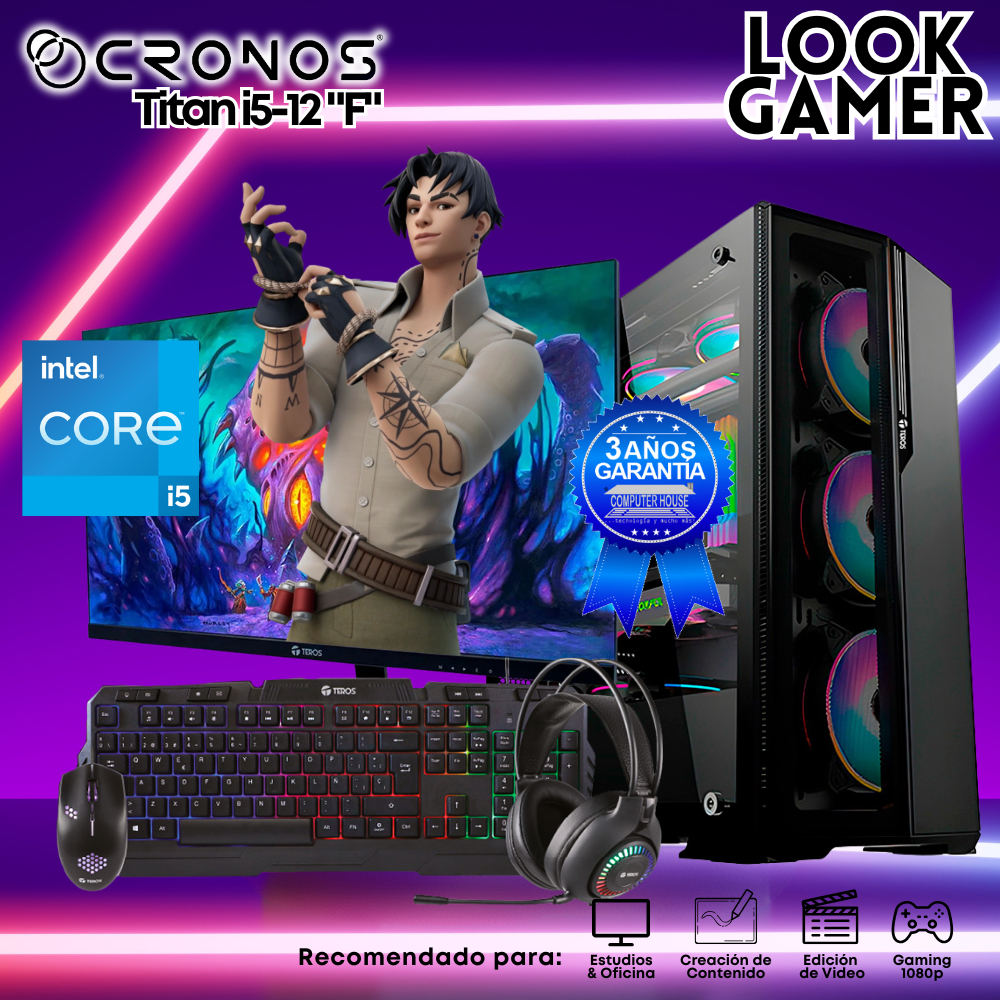 PC Look Gamer CRONOS Titan i5-12 "F", RAM 16GB, SSD 1TB, Monitor 24″ FHD.