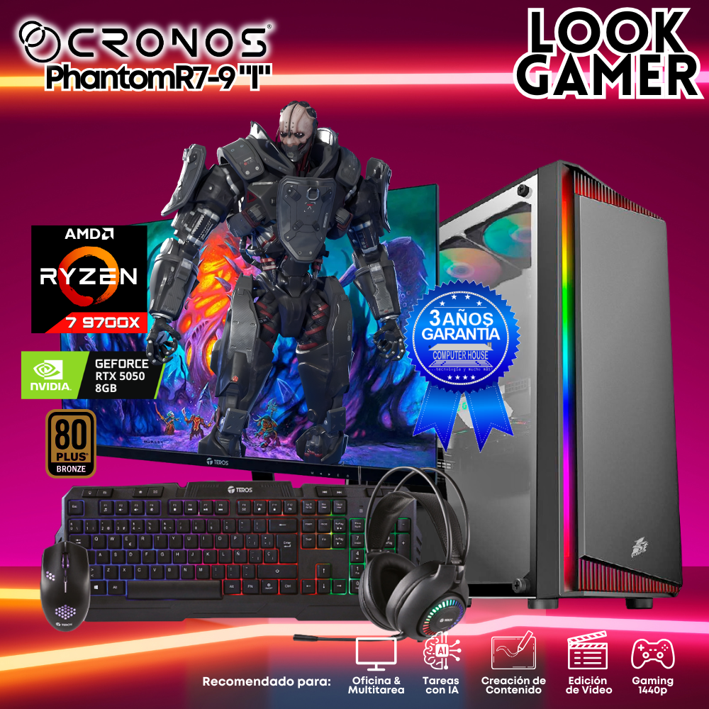 PC Look Gamer CRONOS Phantom R7-9 "I", RAM 16GB DDR5, SSD 1TB, RTX5050 8GB, Monitor 27″ FHD.