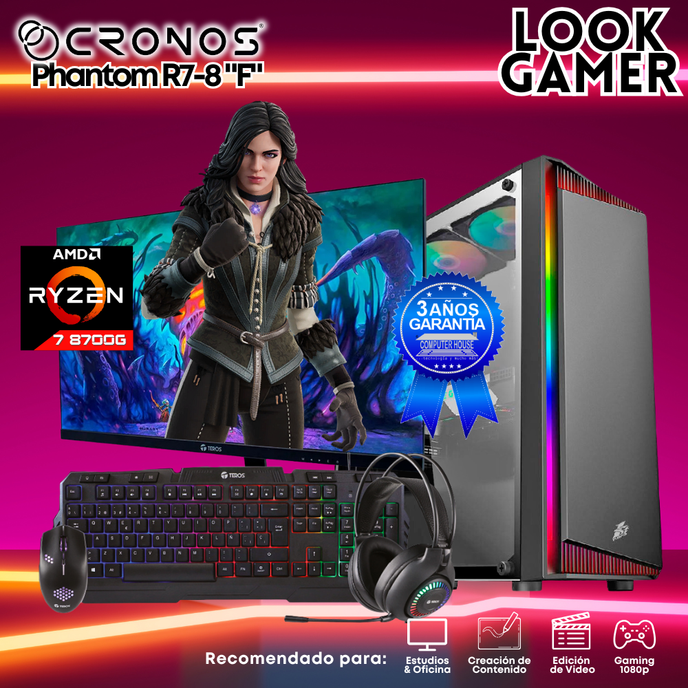 PC Look Gamer CRONOS Phantom R7-8 "F", RAM 16GB DDR5, SSD 1TB, Monitor 24″ FHD.