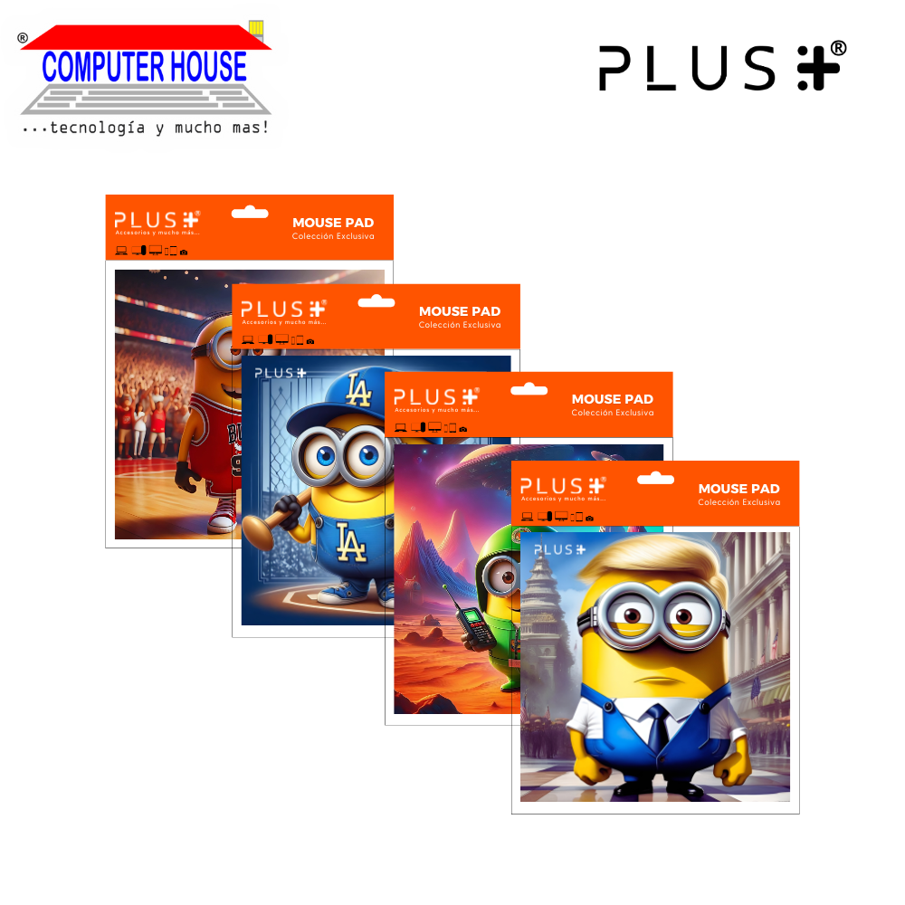 Pad Mouse Premium PLUS, colección Minions, antideslizante, superficie de tela, 20x20x0.5cm, diseño variado.