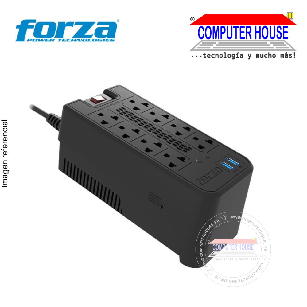 FORZA FVR-1222USB stabilizer, 1200VA 600W, 8 sockets + 2 USB, Black.