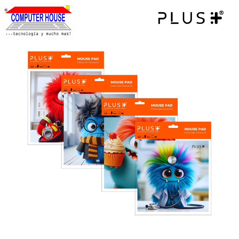 Pad Mouse Premium PLUS, colección Mostritos, antideslizante, superficie de tela, 20x20x0.5cm, diseño variado.