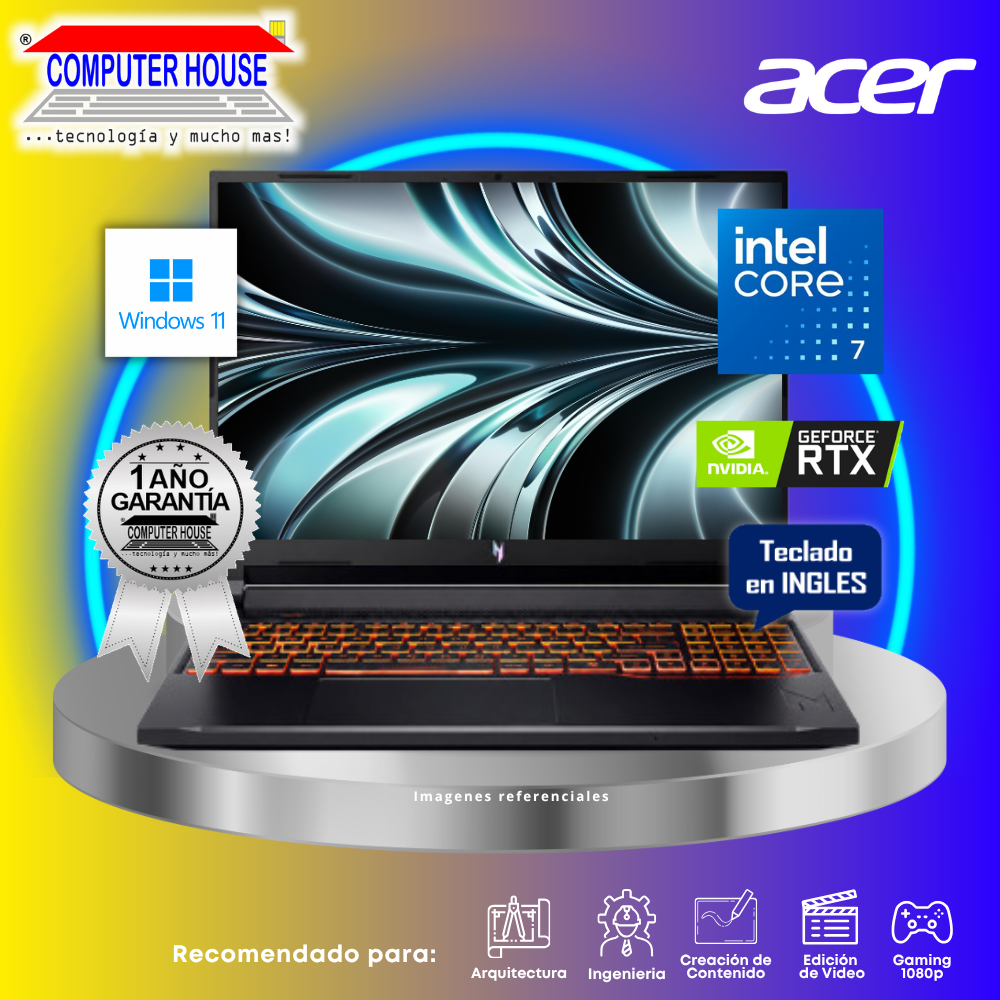 Laptop ACER Nitro V, Core 7-240H, RAM 16GB DDR5, SSD 512GB, Nvidia GeForce RTX5050 8GB, 16" FHD 180Hz, Teclado en Inglés, Windows 11.