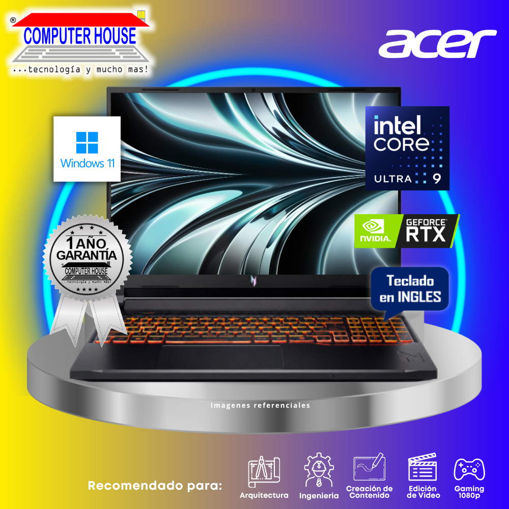 Laptop ACER Nitro V, Core Ultra 9-270H, RAM 32GB DDR5, SSD 1TB, Nvidia GeForce RTX5070 8GB, 16" FHD 180Hz, Teclado en Inglés, Windows 11.