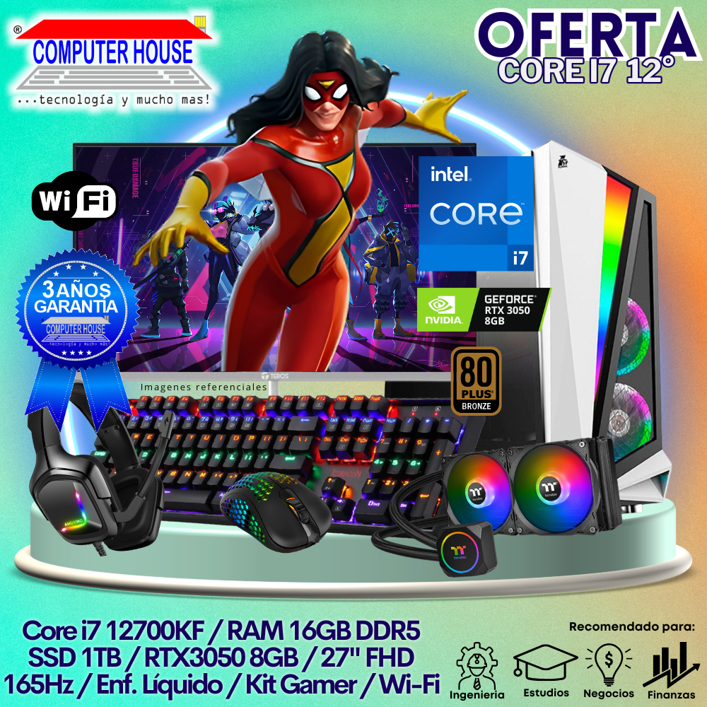 OFERTA: Xtreme Core i7-12700KF, RAM 16GB DDR5, SSD 1TB, Video RTX3050 8GB, Wi-Fi, Enfriamiento Líquido, Monitor 27″ FHD 165Hz, Kit Gamer.