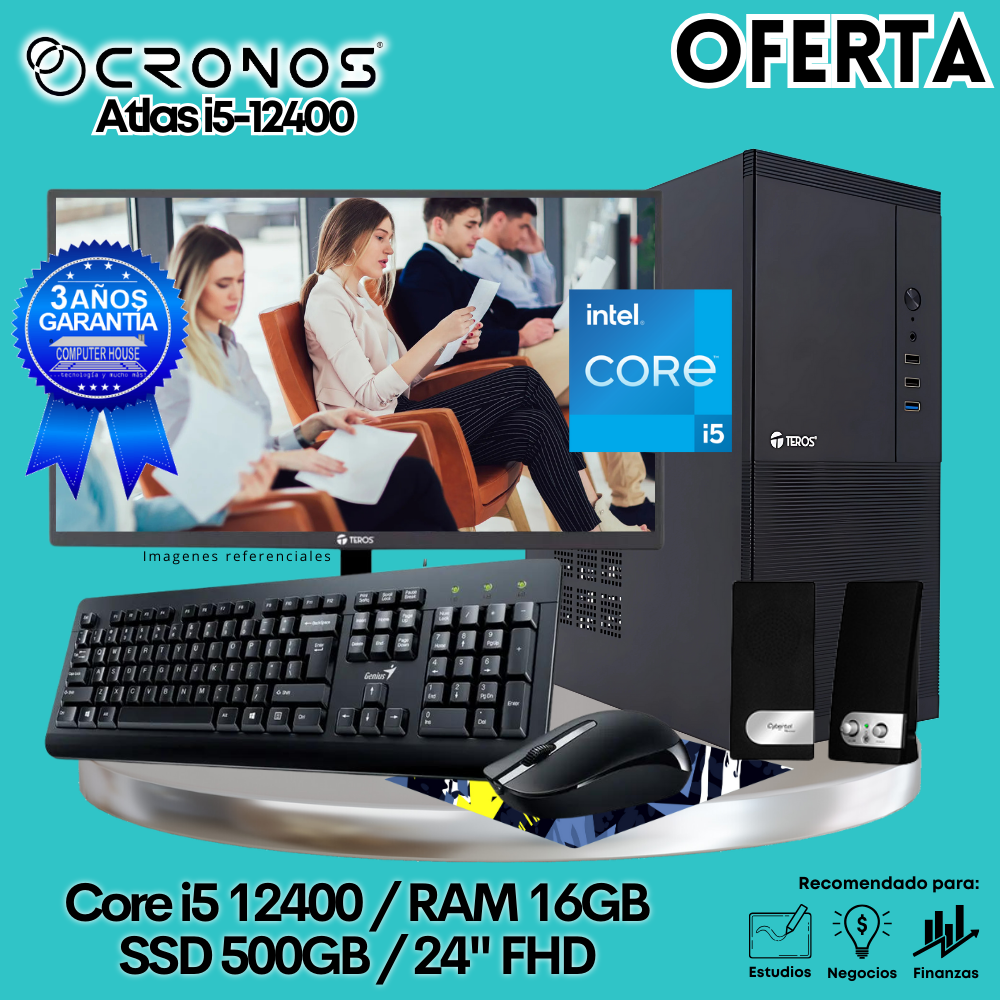 OFERTA: PC CRONOS Atlas i5-12400, RAM 16GB, SSD 500GB, Monitor 24″ FHD, Kit Teclado + Mouse, Parlantes o Audífono.
