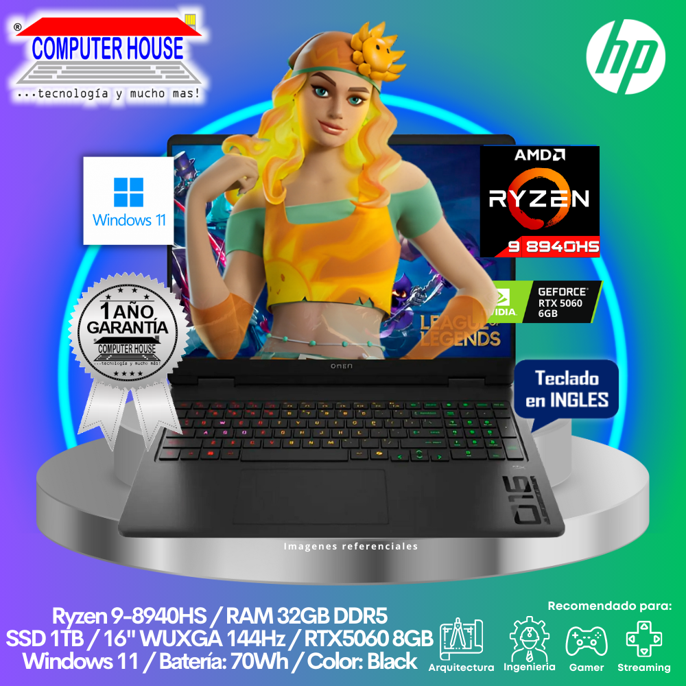 Laptop HP Omen, Ryzen 9-8940HS, RAM 32GB DDR5, SSD 1TB, Video RTX5060 8GB, 16" WUXGA 144Hz, Teclado en Inglés, Windows 11.