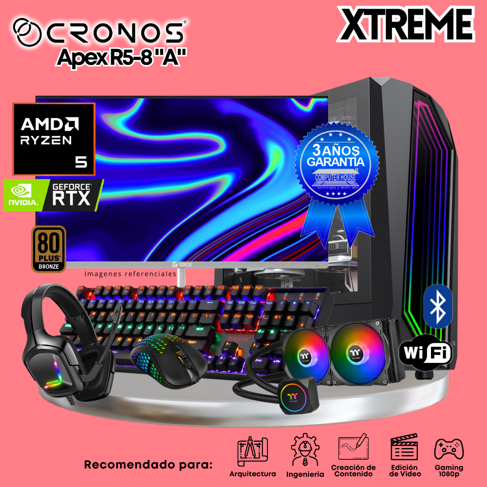 PC Xtreme CRONOS Apex R5-8 "A", RAM 32GB DDR5, SSD 1TB, Nvidia GeForce RTX5060 8GB, Enfriamiento Líquido, Monitor 27″ FHD 200Hz, Wi-Fi & Bluetooth.