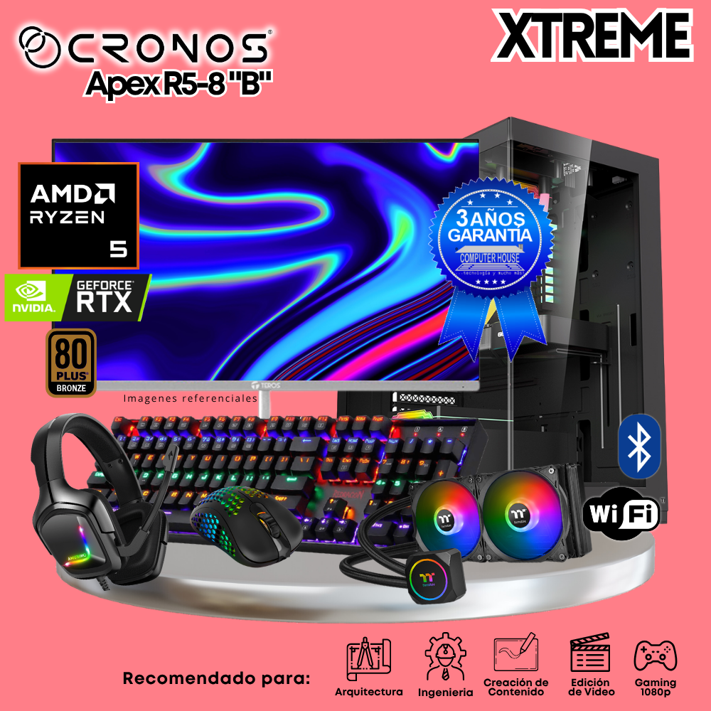 PC Xtreme CRONOS Apex R5-8 "B", RAM 32GB DDR5, SSD 2TB, Nvidia GeForce RTX5060 8GB, Enfriamiento Líquido, Monitor 27″ FHD 200Hz, Wi-Fi & Bluetooth.