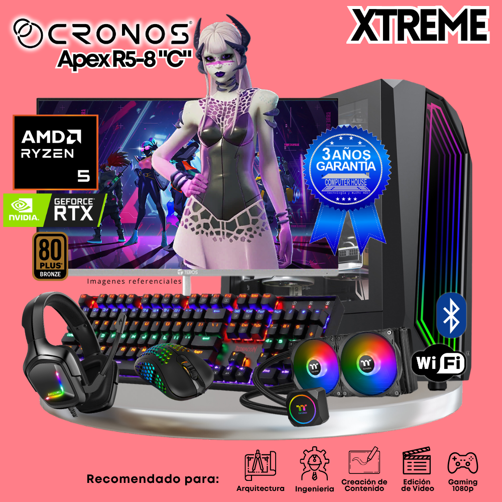 PC Xtreme CRONOS Apex R5-8 "C", RAM 64GB DDR5, SSD 2TB, Nvidia GeForce RTX5060Ti 8GB, Enfriamiento Líquido, Monitor 27″ FHD 180Hz, Wi-Fi & Bluetooth.
