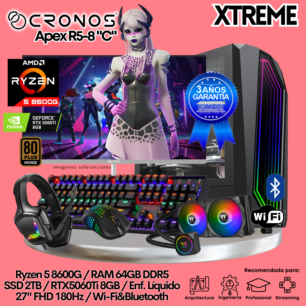 PC Xtreme CRONOS Apex R5-8 "C", RAM 64GB DDR5, SSD 2TB, RTX5060Ti 8GB, Enfriamiento Líquido, Monitor 27″ FHD 180Hz, Wi-Fi & Bluetooth.