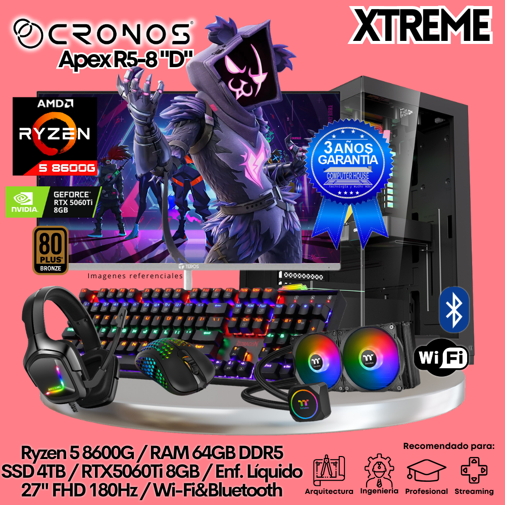 PC Xtreme CRONOS Apex R5-8 "D", RAM 64GB DDR5, SSD 4TB, RTX5060Ti 8GB, Enfriamiento Líquido, Monitor 27″ FHD 180Hz, Wi-Fi & Bluetooth.