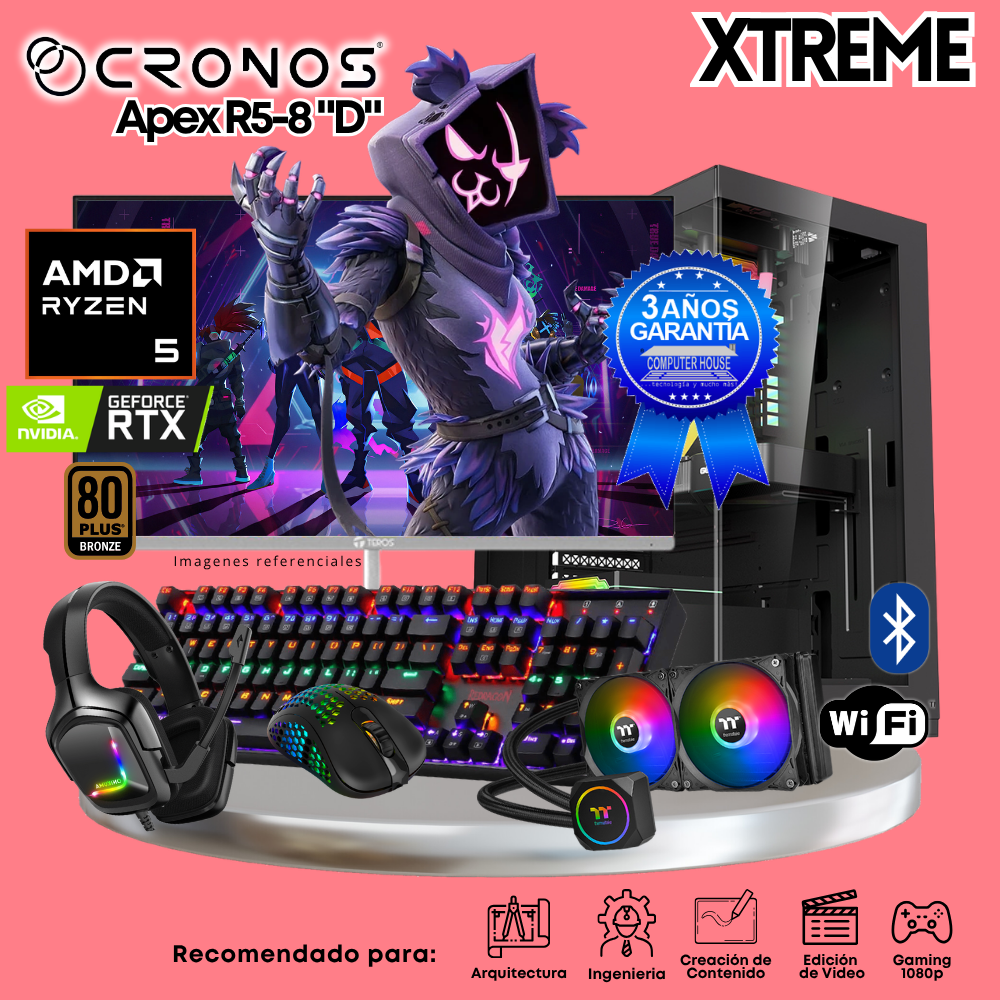 PC Xtreme CRONOS Apex R5-8 "D", RAM 64GB DDR5, SSD 4TB, Nvidia GeForce RTX5060Ti 8GB, Enfriamiento Líquido, Monitor 27″ FHD 180Hz, Wi-Fi & Bluetooth.