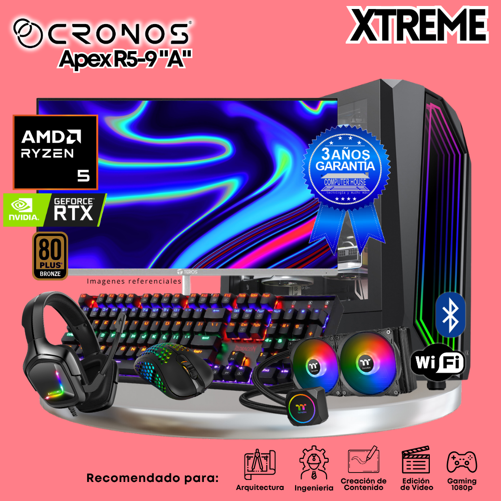 PC Xtreme CRONOS Apex R5-9 "A", RAM 32GB DDR5, SSD 1TB, Nvidia GeForce RTX5060 8GB, Enfriamiento Líquido, Monitor 27″ FHD 200Hz, Wi-Fi & Bluetooth.