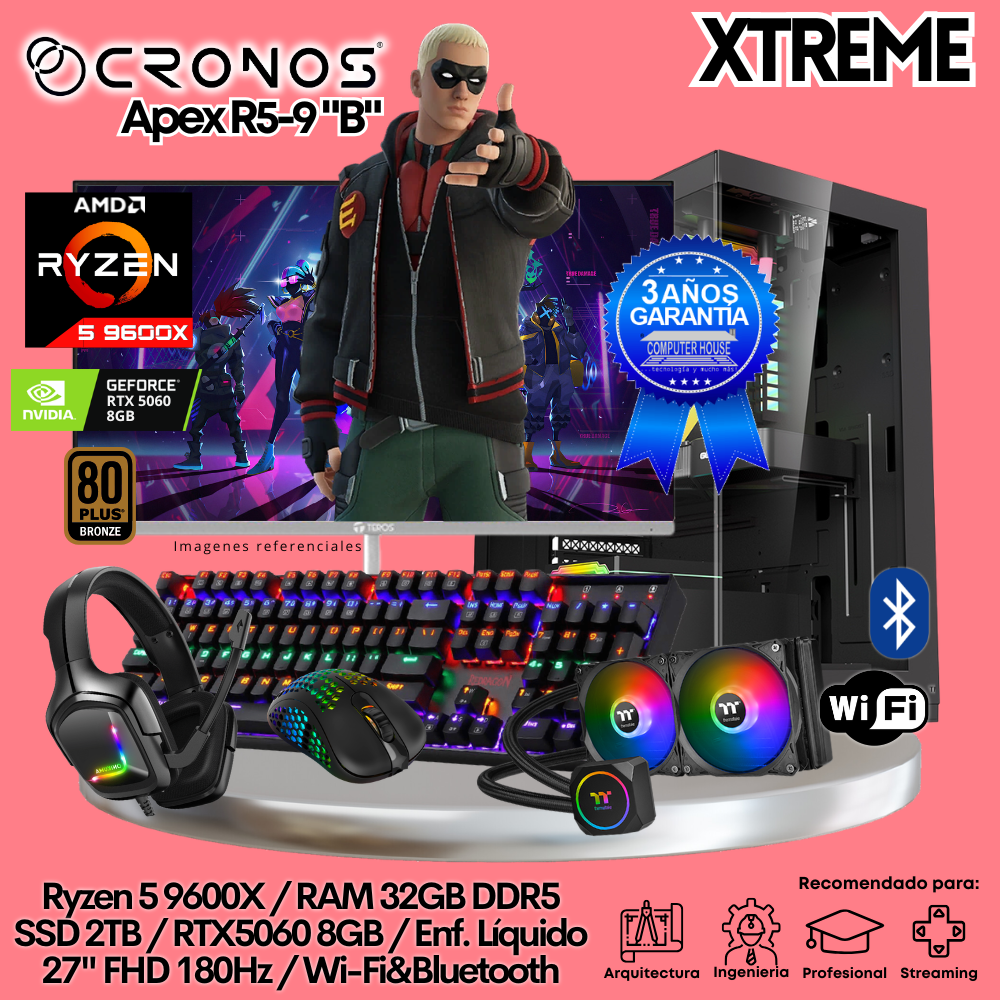 PC Xtreme CRONOS Apex R5-9 "B", RAM 32GB DDR5, SSD 2TB, RTX5060 8GB, Enfriamiento Líquido, Monitor 27″ FHD 180Hz, Wi-Fi & Bluetooth.