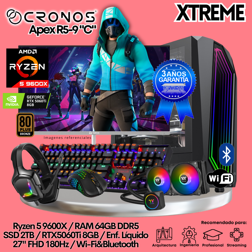 PC Xtreme CRONOS Apex R5-9 "C", RAM 64GB DDR5, SSD 2TB, RTX5060Ti 8GB, Enfriamiento Líquido, Monitor 27″ FHD 180Hz, Wi-Fi & Bluetooth.