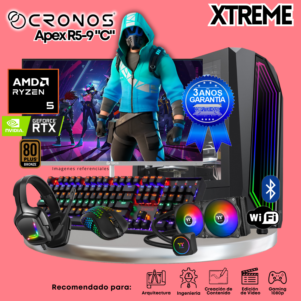 PC Xtreme CRONOS Apex R5-9 "C", RAM 64GB DDR5, SSD 2TB, Nvidia GeForce RTX5060Ti 8GB, Enfriamiento Líquido, Monitor 27″ FHD 180Hz, Wi-Fi & Bluetooth.
