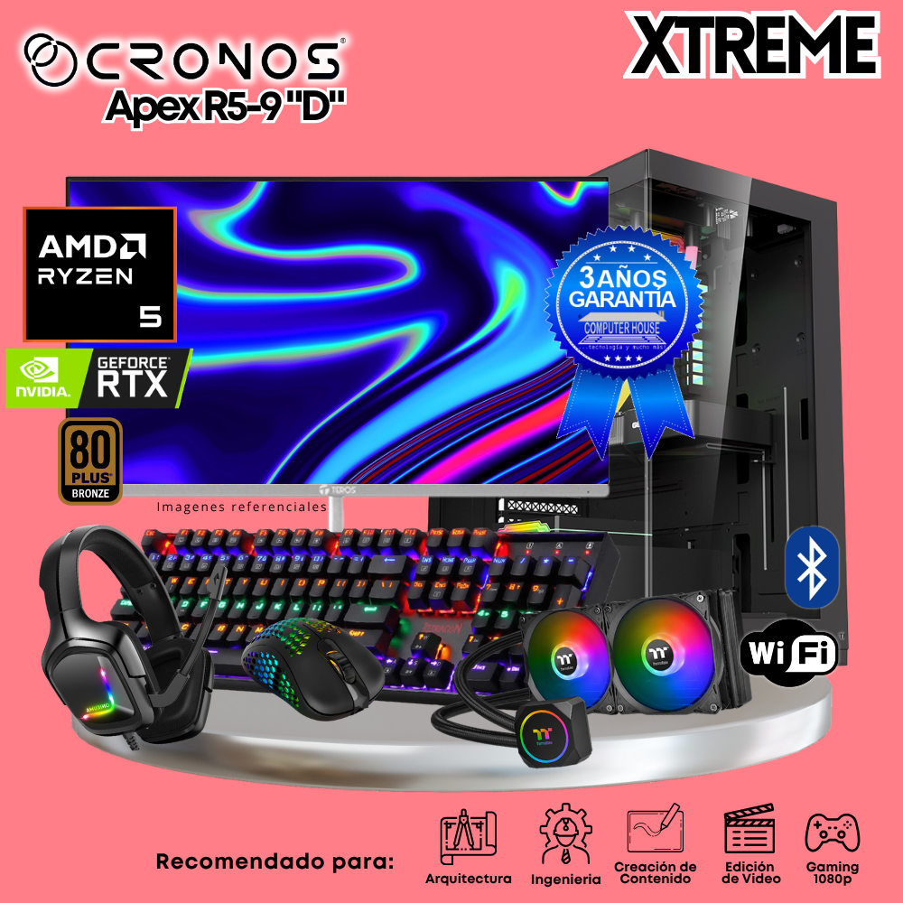 PC Xtreme CRONOS Apex R5-9 "D", RAM 64GB DDR5, SSD 4TB, Nvidia GeForce RTX5060Ti 8GB, Enfriamiento Líquido, Monitor 27″ FHD 180Hz, Wi-Fi & Bluetooth.