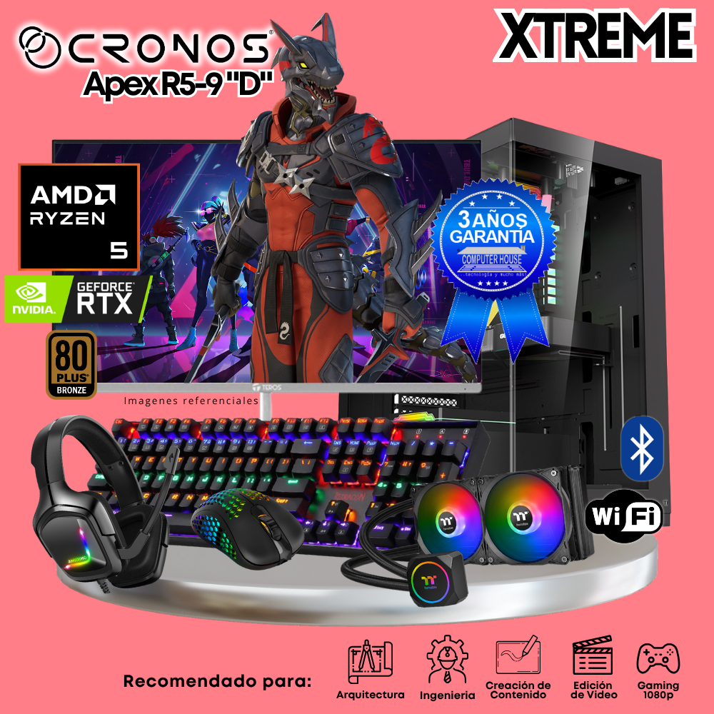 PC Xtreme CRONOS Apex R5-9 "D", RAM 64GB DDR5, SSD 4TB, Nvidia GeForce RTX5060Ti 8GB, Enfriamiento Líquido, Monitor 27″ FHD 180Hz, Wi-Fi & Bluetooth.