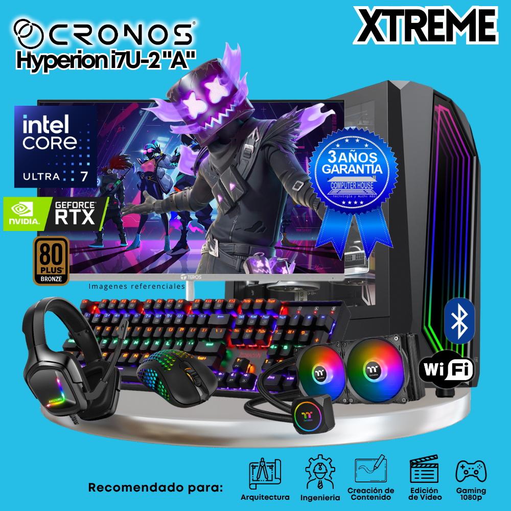 PC Xtreme CRONOS Hyperion U7-2 "A", RAM 32GB DDR5, SSD 1TB, Nvidia GeForce RTX5060 8GB, Enfriamiento Líquido, Monitor 27″ FHD 200Hz, Wi-Fi & Bluetooth.