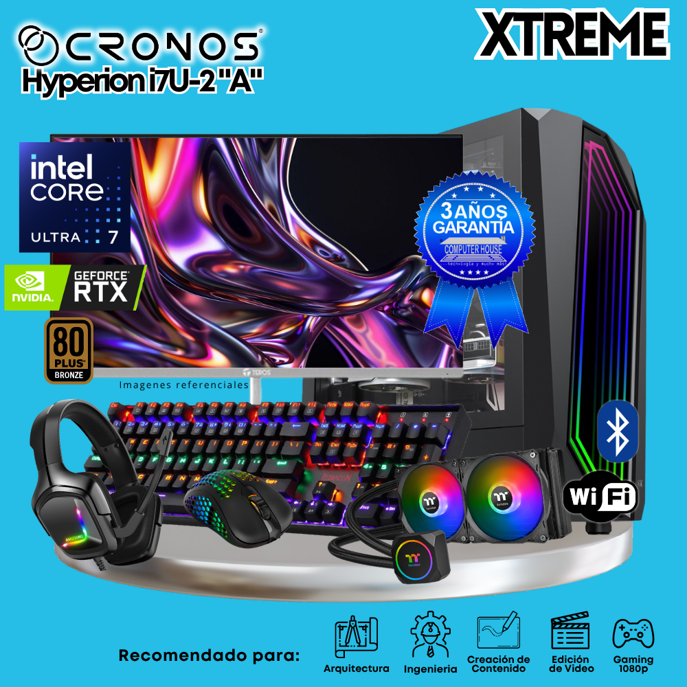 PC Xtreme CRONOS Hyperion U7-2 "A", RAM 32GB DDR5, SSD 1TB, Nvidia GeForce RTX5060 8GB, Enfriamiento Líquido, Monitor 27″ FHD 200Hz, Wi-Fi & Bluetooth.